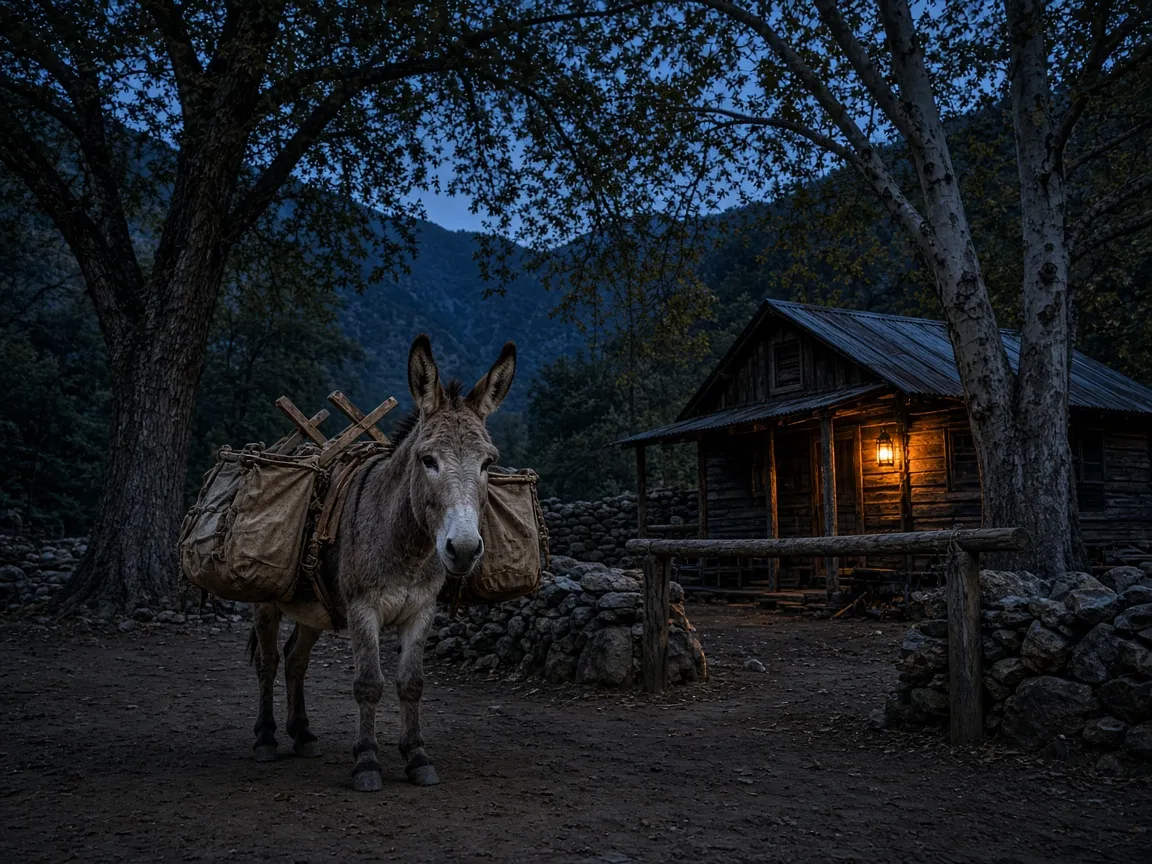 A pack donkey with a wooden packsaddle at a rustic canyon pack station at dusk