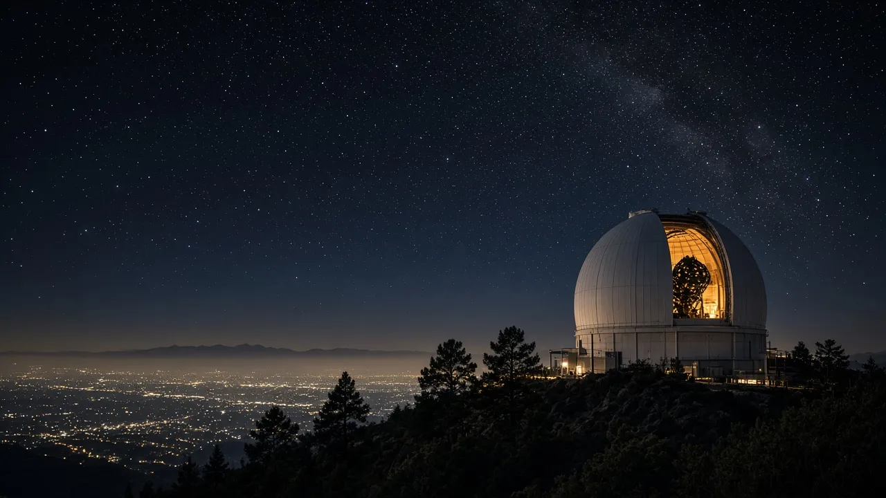 The Mount Wilson Observatory dome glowing under a starry sky above the lights of Los Angeles