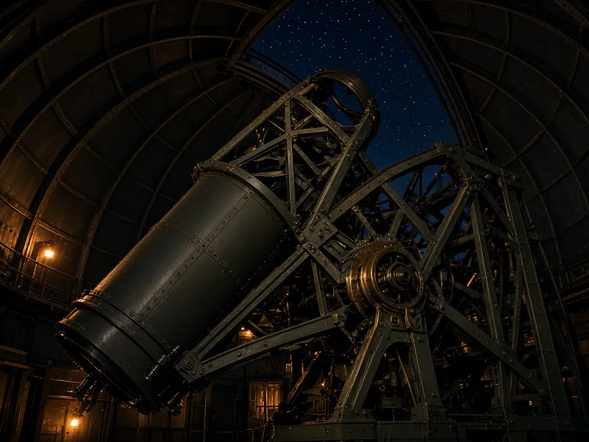 The 100-inch Hooker telescope inside its dome, pointed at a strip of stars